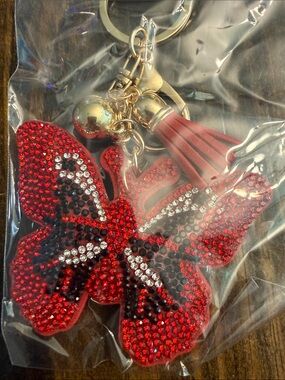 Fashion Jewelry Red Butterfly Keychain Charm with Gold-tone Hardware and Tassel